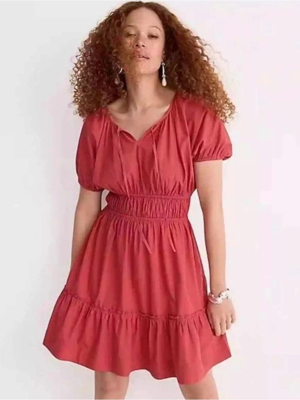 J. CREW Poplin Puff Sleeve Cinched Waist Dress Red Cinnamon Sz‎ XL Cottagecore